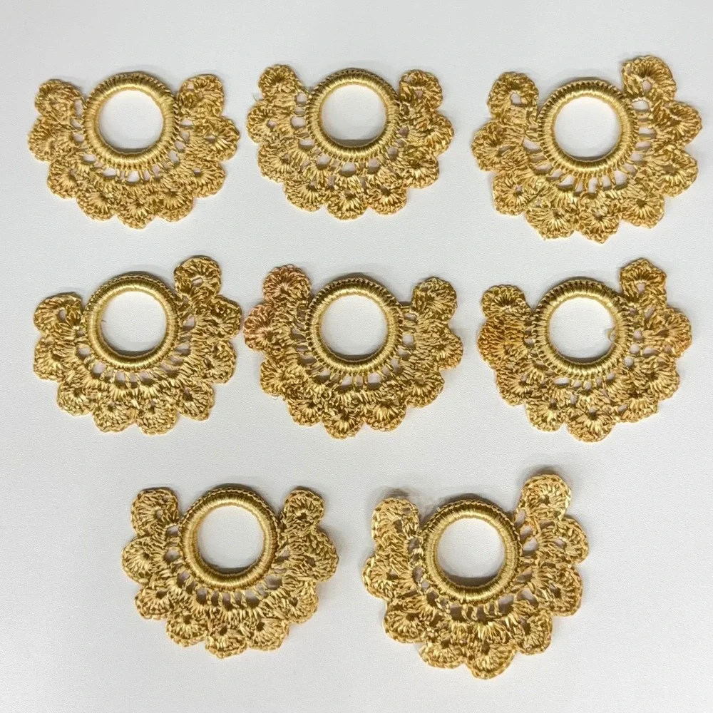 8pc Gold Crochet Lace Appliques Fan Scalloped Metallic Trim Craft Embellishments
